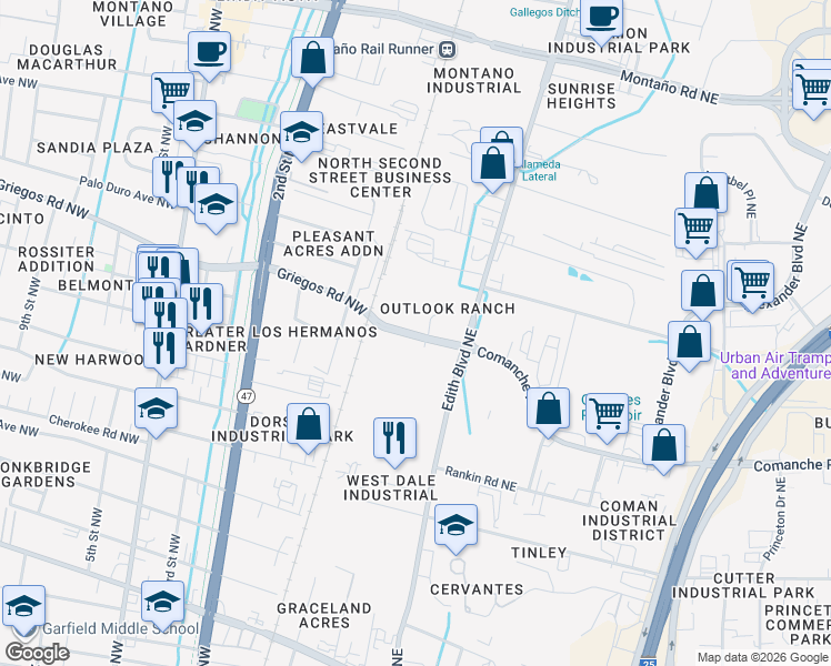 map of restaurants, bars, coffee shops, grocery stores, and more near 205 Griegos Road Northwest in Albuquerque