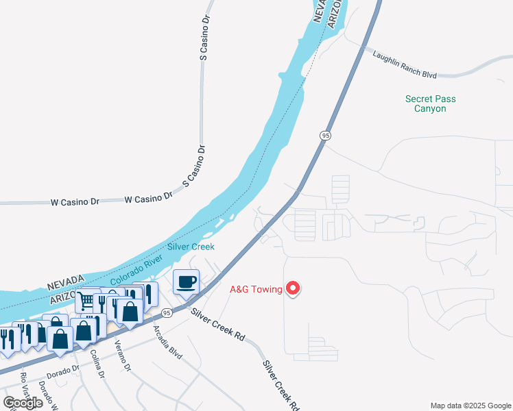 map of restaurants, bars, coffee shops, grocery stores, and more near 1611 Highway 95 in Bullhead City