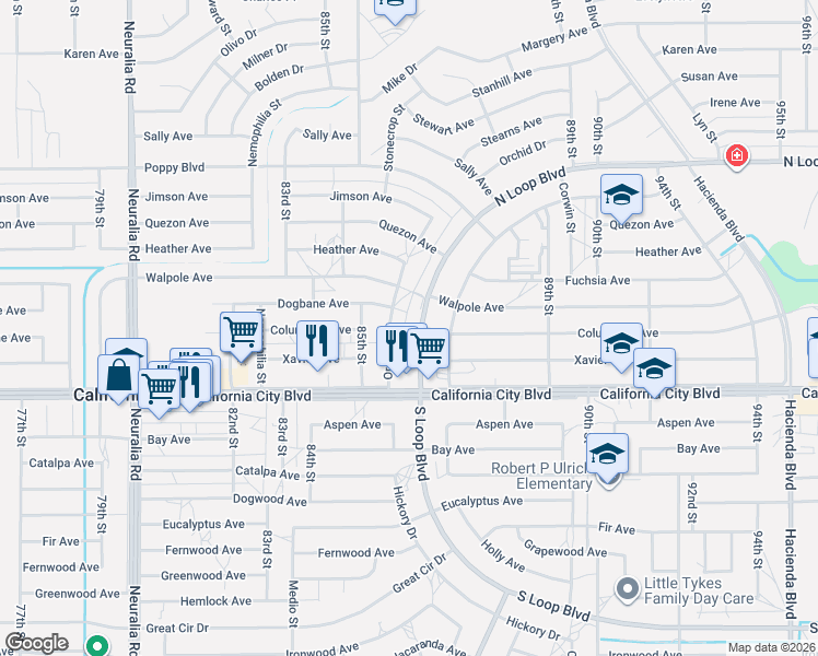 map of restaurants, bars, coffee shops, grocery stores, and more near 8531 Columbine Avenue in California City