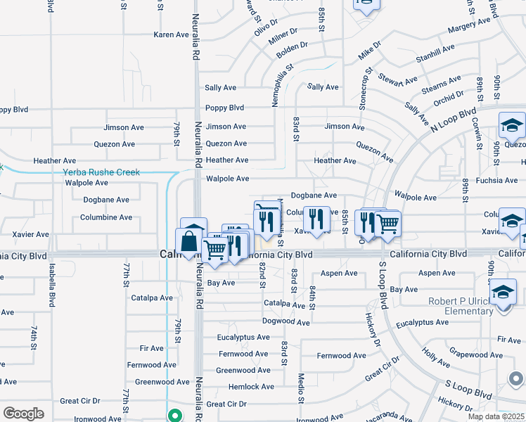 map of restaurants, bars, coffee shops, grocery stores, and more near Commerce Drive in California City