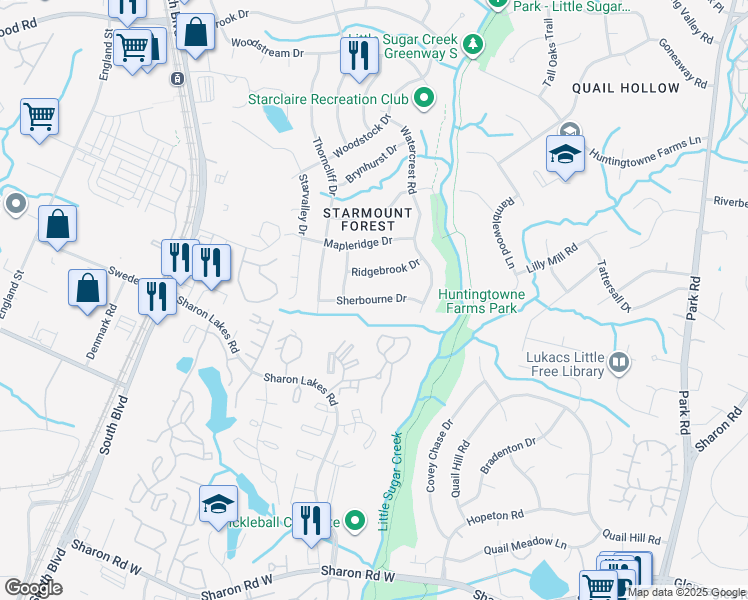map of restaurants, bars, coffee shops, grocery stores, and more near Sherbourne Drive in Charlotte