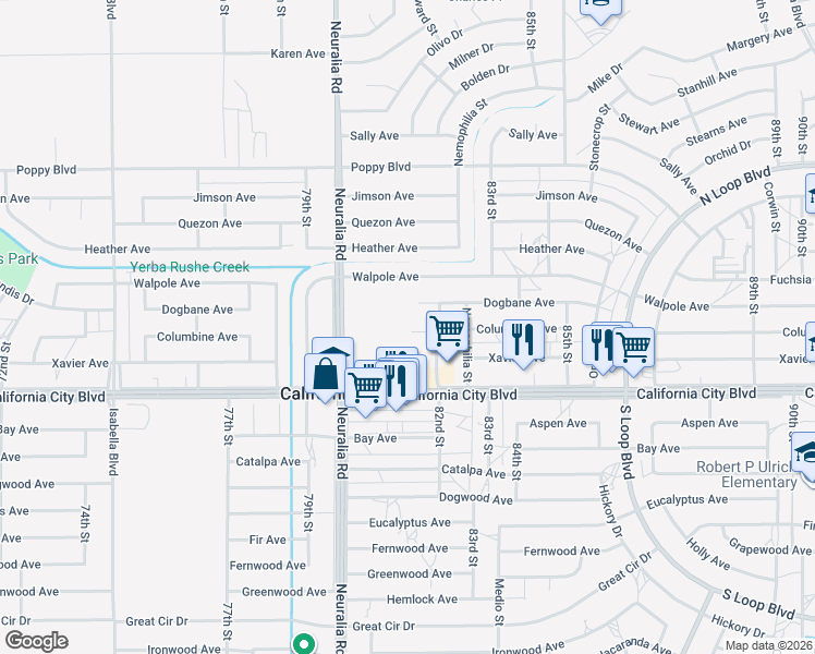 map of restaurants, bars, coffee shops, grocery stores, and more near Commerce Drive in California City