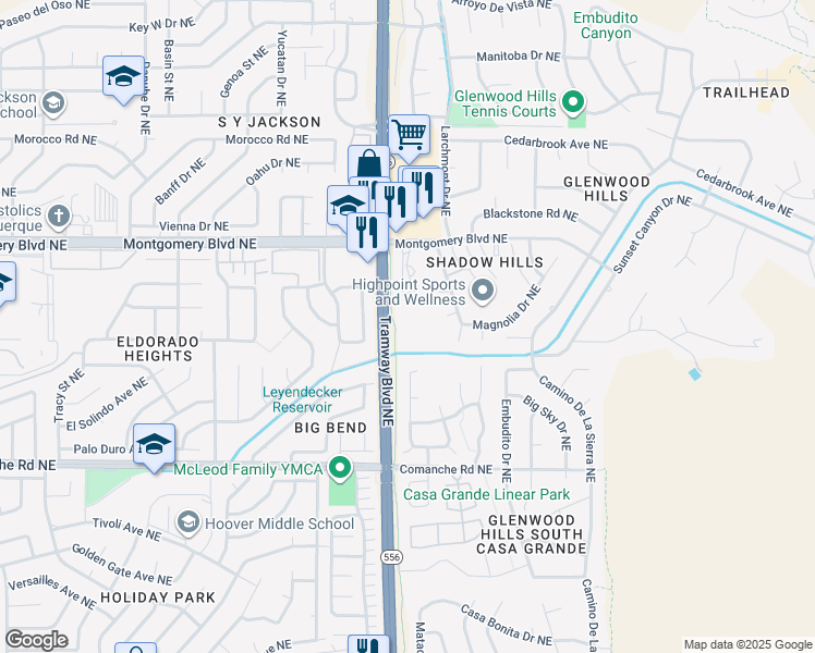 map of restaurants, bars, coffee shops, grocery stores, and more near 4200 Spanish Bit Street Northeast in Albuquerque