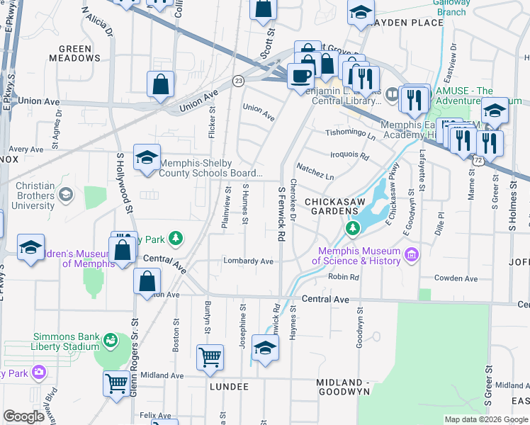 map of restaurants, bars, coffee shops, grocery stores, and more near 148 Barnett Place in Memphis