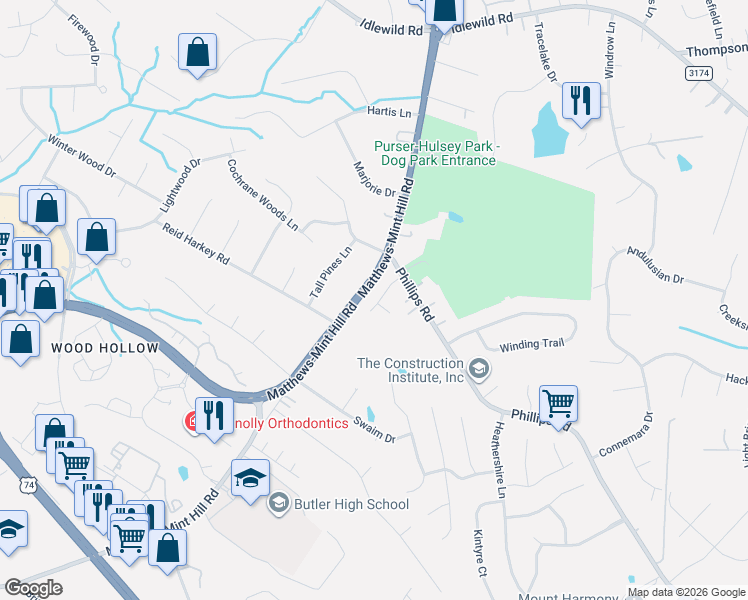 map of restaurants, bars, coffee shops, grocery stores, and more near 2707 Matthews-Mint Hill Road in Matthews