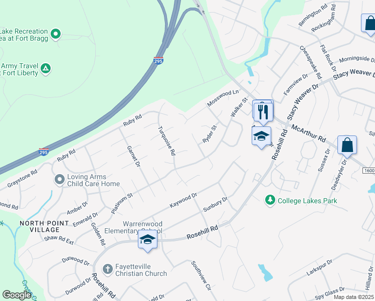 map of restaurants, bars, coffee shops, grocery stores, and more near 677 Lava Trail in Fayetteville