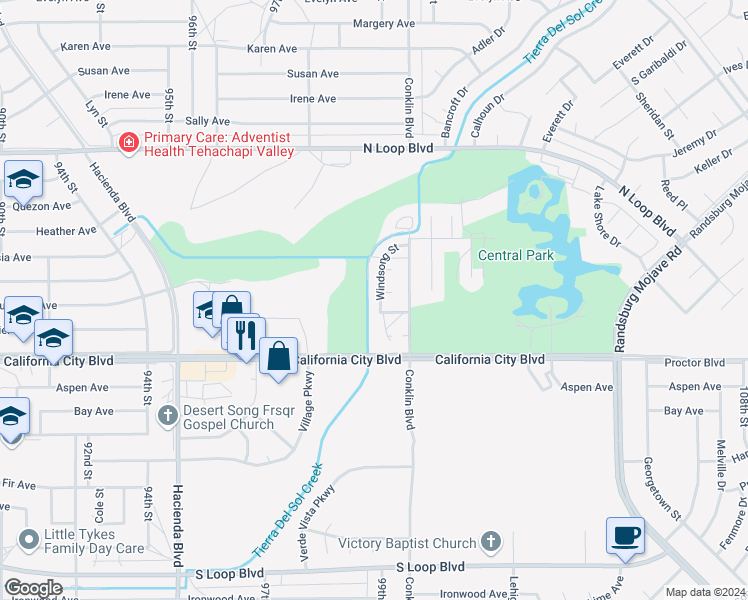 map of restaurants, bars, coffee shops, grocery stores, and more near 21131 Windsong Street in California City