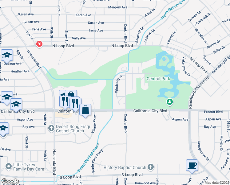 map of restaurants, bars, coffee shops, grocery stores, and more near 21131 Windsong Street in California City