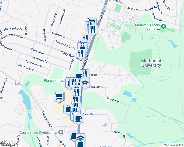 map of restaurants, bars, coffee shops, grocery stores, and more near 5101 Surf Scooter Drive in Fayetteville