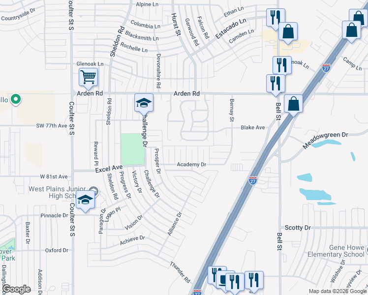 map of restaurants, bars, coffee shops, grocery stores, and more near 7901 Success Place in Amarillo