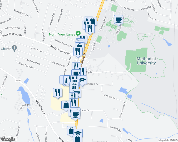 map of restaurants, bars, coffee shops, grocery stores, and more near 5101 Surf Scooter Drive in Fayetteville