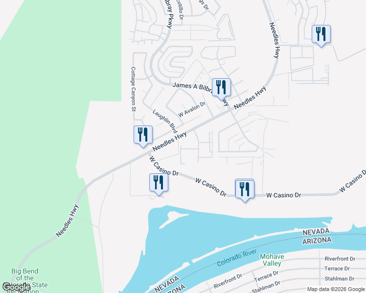 map of restaurants, bars, coffee shops, grocery stores, and more near 3791 Desert Marina Drive in Laughlin