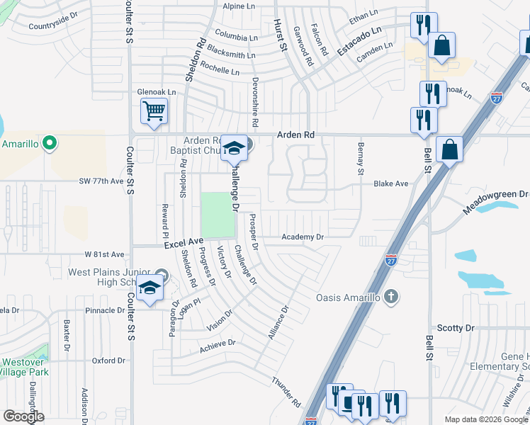 map of restaurants, bars, coffee shops, grocery stores, and more near 7900 Advance Place in Amarillo