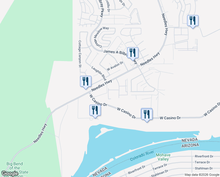map of restaurants, bars, coffee shops, grocery stores, and more near 2219 River City Drive in Laughlin