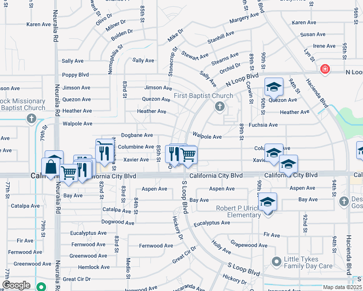map of restaurants, bars, coffee shops, grocery stores, and more near 8531 Columbine Avenue in California City