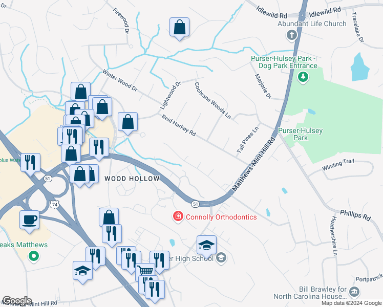 map of restaurants, bars, coffee shops, grocery stores, and more near 2309 Sonoma Court in Matthews