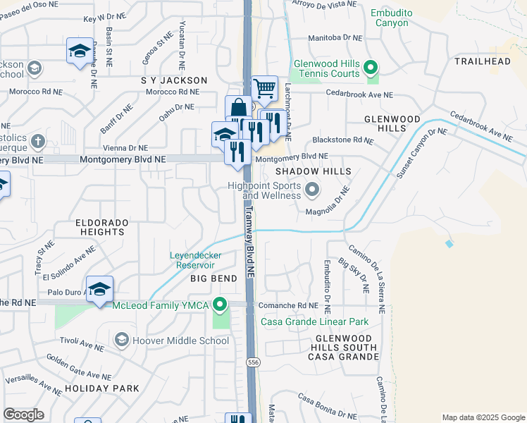 map of restaurants, bars, coffee shops, grocery stores, and more near 4200 Spanish Bit Street Northeast in Albuquerque