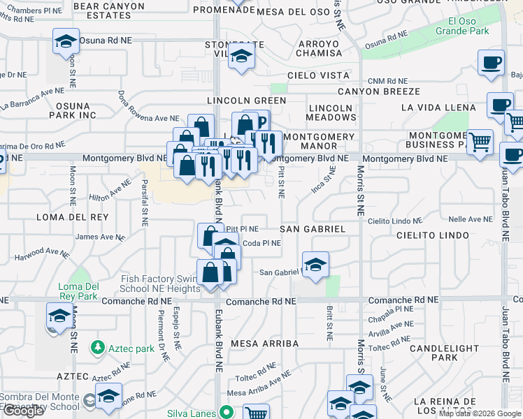 map of restaurants, bars, coffee shops, grocery stores, and more near 4246 Eubank Boulevard Northeast in Albuquerque