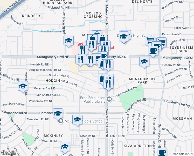 map of restaurants, bars, coffee shops, grocery stores, and more near 4809 Sun Cove Road Northeast in Albuquerque