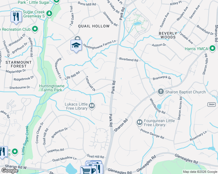 map of restaurants, bars, coffee shops, grocery stores, and more near 2300 Tattersall Drive in Charlotte