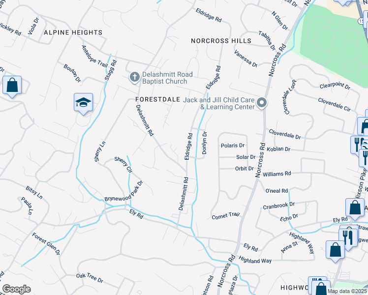 map of restaurants, bars, coffee shops, grocery stores, and more near 4607 Eldridge Road in Chattanooga
