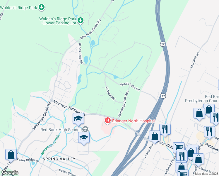 map of restaurants, bars, coffee shops, grocery stores, and more near 649 West View Road in Chattanooga