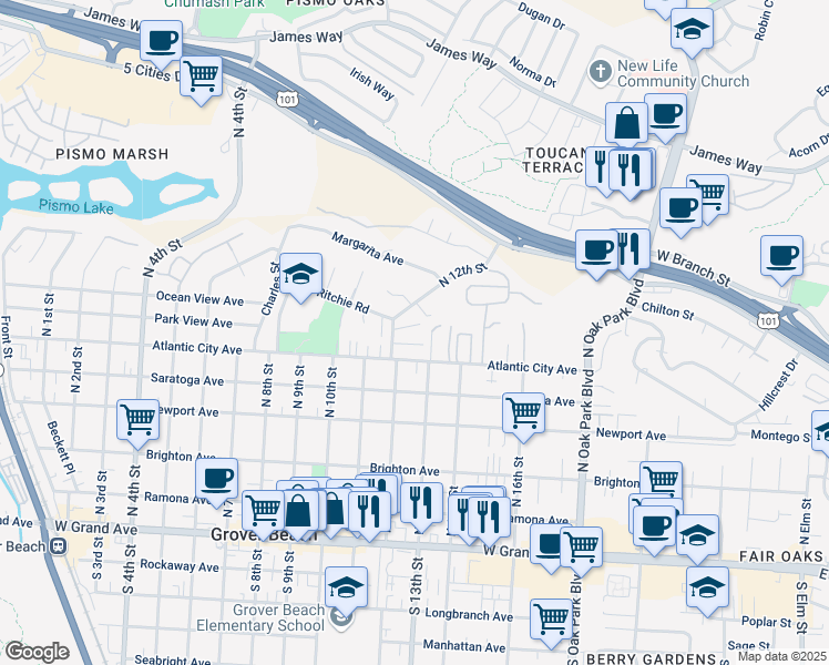 map of restaurants, bars, coffee shops, grocery stores, and more near 676 North 12th Street in Grover Beach