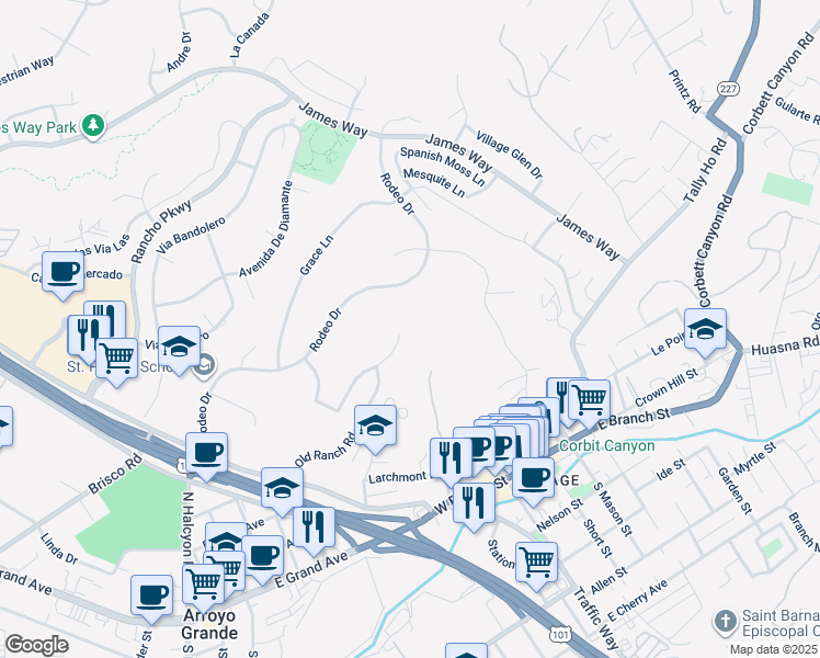 map of restaurants, bars, coffee shops, grocery stores, and more near 267 Mercedes Lane in Arroyo Grande