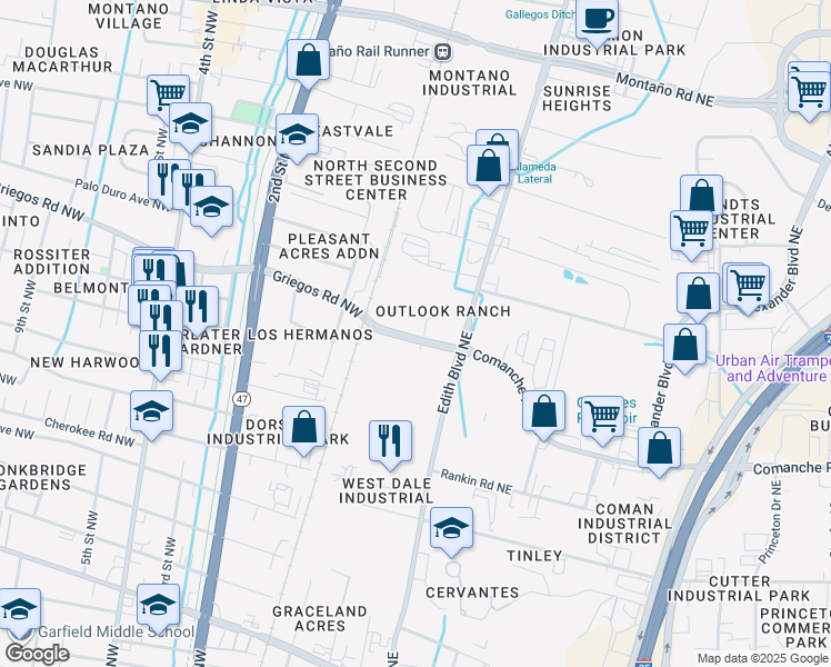map of restaurants, bars, coffee shops, grocery stores, and more near 205 Griegos Road Northwest in Albuquerque