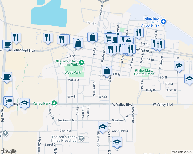 map of restaurants, bars, coffee shops, grocery stores, and more near 2 Tehachapi Boulevard in Tehachapi