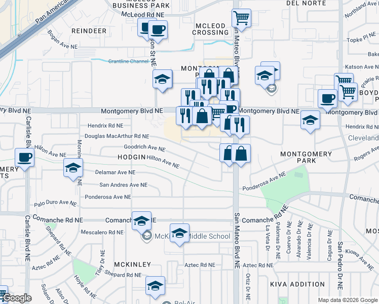map of restaurants, bars, coffee shops, grocery stores, and more near 4728 Spanish Sun Avenue Northeast in Albuquerque