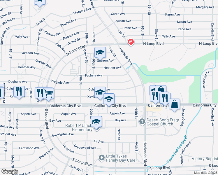 map of restaurants, bars, coffee shops, grocery stores, and more near 9117 Columbine Avenue in California City