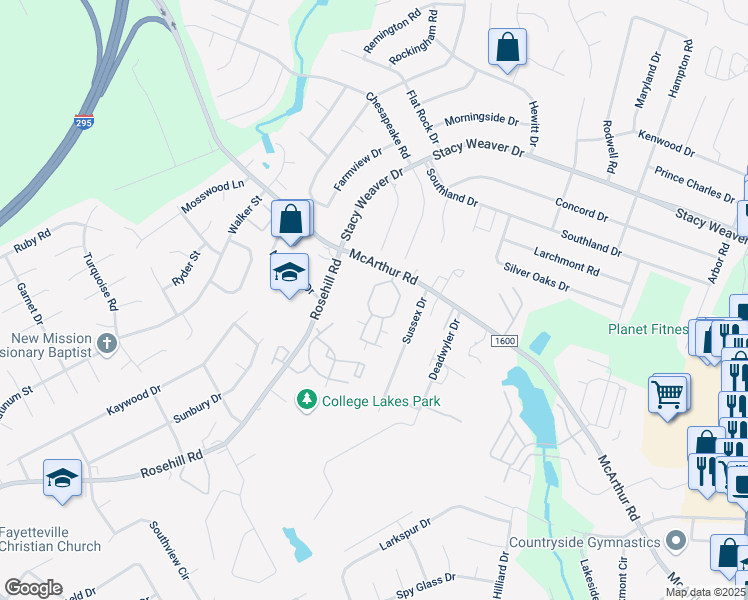 map of restaurants, bars, coffee shops, grocery stores, and more near McArthur Landing Circle in Fayetteville