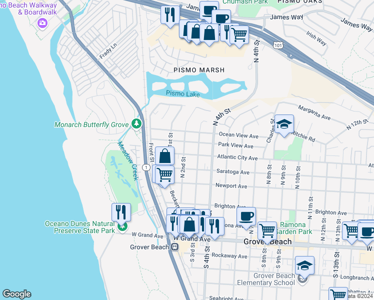 map of restaurants, bars, coffee shops, grocery stores, and more near North 2nd Street in Grover Beach