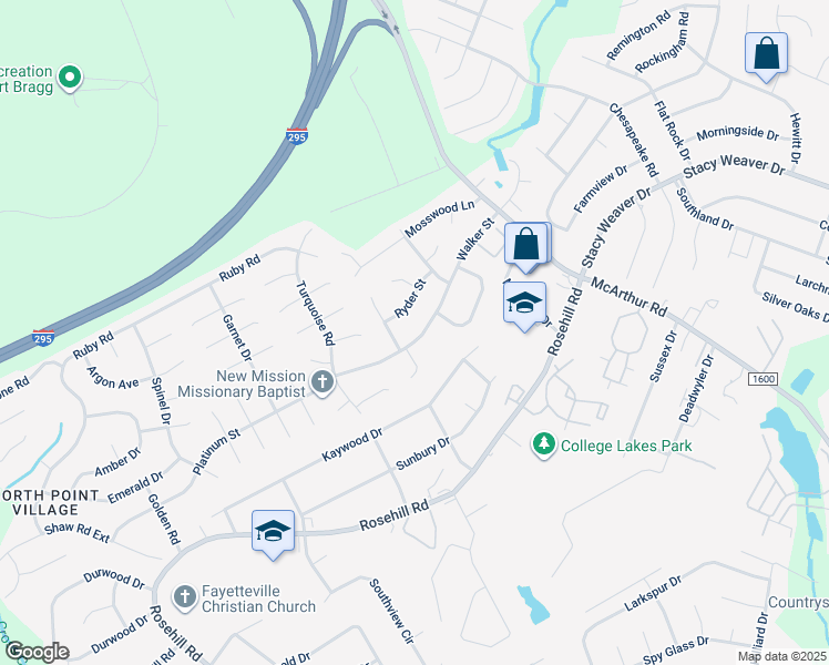 map of restaurants, bars, coffee shops, grocery stores, and more near 658 Walker Street in Fayetteville