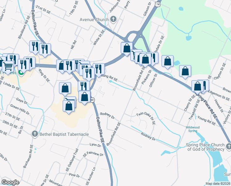 map of restaurants, bars, coffee shops, grocery stores, and more near 1808 Young Road Southeast in Cleveland