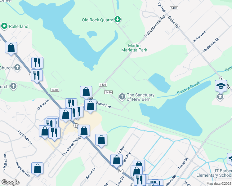 map of restaurants, bars, coffee shops, grocery stores, and more near 2818 Oakland Avenue in New Bern