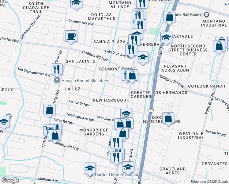 map of restaurants, bars, coffee shops, grocery stores, and more near 4418 6th Street Northwest in Albuquerque