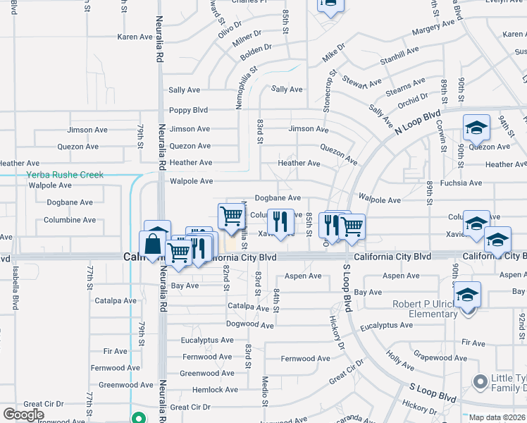 map of restaurants, bars, coffee shops, grocery stores, and more near 8337 Columbine Avenue in California City
