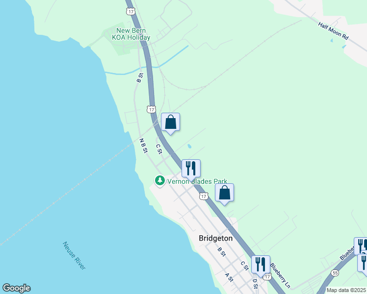 map of restaurants, bars, coffee shops, grocery stores, and more near 165 Pine Circle in New Bern