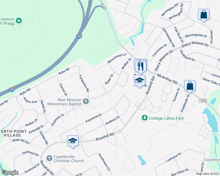 map of restaurants, bars, coffee shops, grocery stores, and more near 658 Walker Street in Fayetteville
