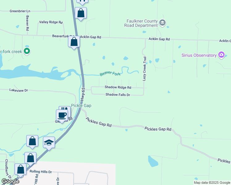 map of restaurants, bars, coffee shops, grocery stores, and more near 2100 Shadow Falls Drive in Conway