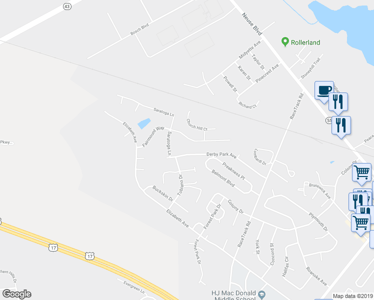 map of restaurants, bars, coffee shops, grocery stores, and more near 218 Derby Park Avenue in New Bern