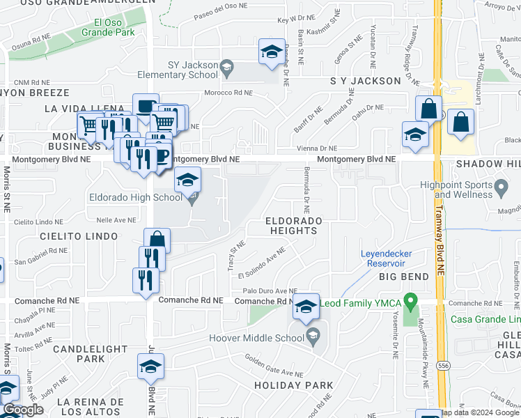 map of restaurants, bars, coffee shops, grocery stores, and more near 4005 Tracy Street Northeast in Albuquerque