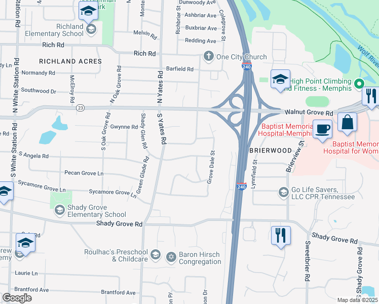 map of restaurants, bars, coffee shops, grocery stores, and more near 5690 Shady Glen Road in Memphis