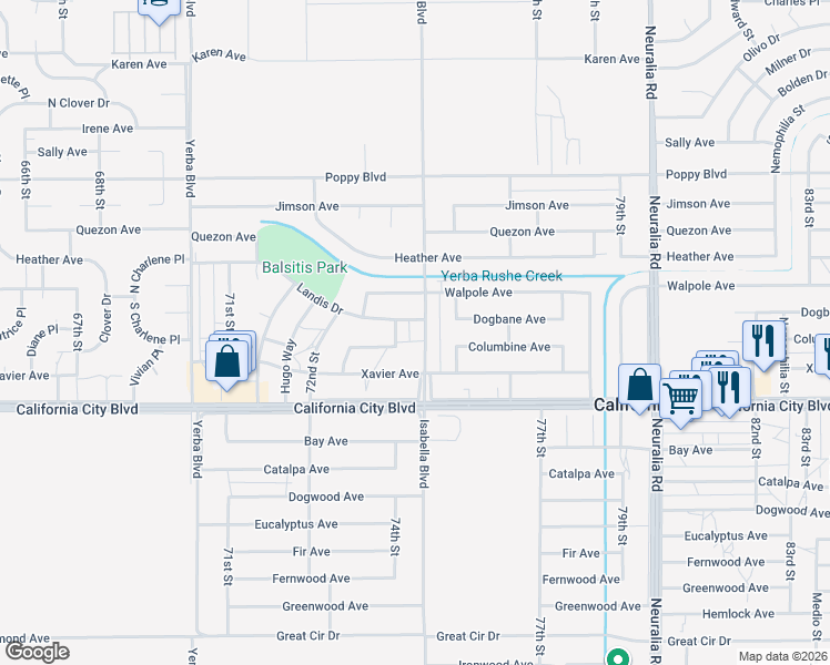 map of restaurants, bars, coffee shops, grocery stores, and more near 21143 Isabella Boulevard in California City