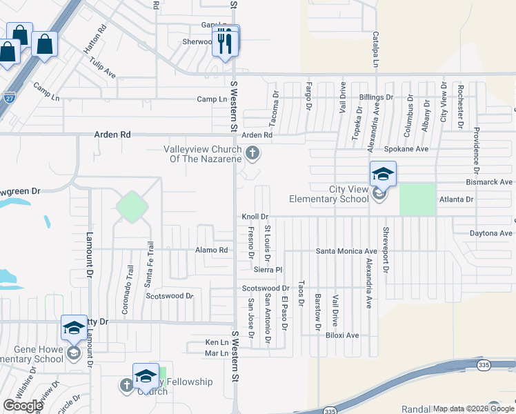 map of restaurants, bars, coffee shops, grocery stores, and more near 7633 South Western Street in Amarillo
