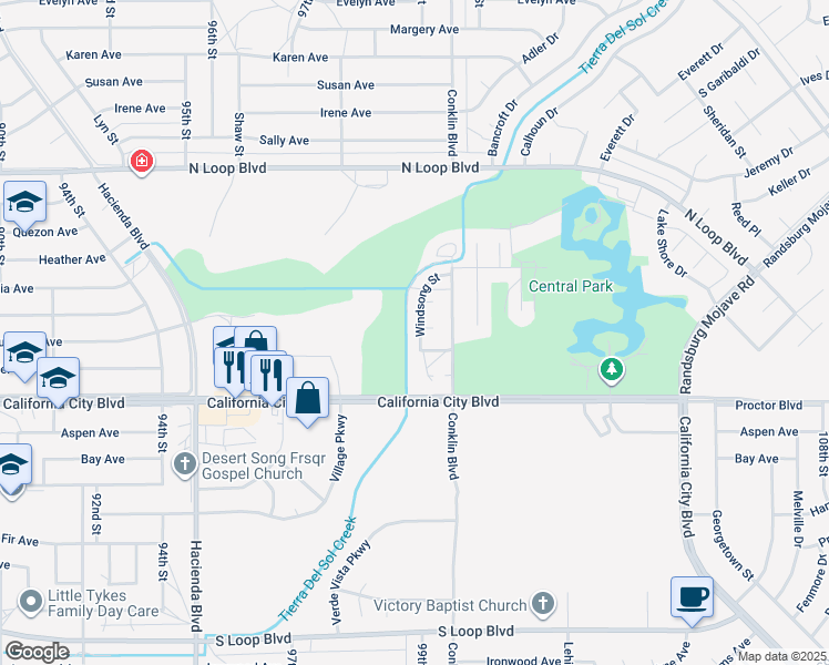 map of restaurants, bars, coffee shops, grocery stores, and more near 21141 Windsong Street in California City