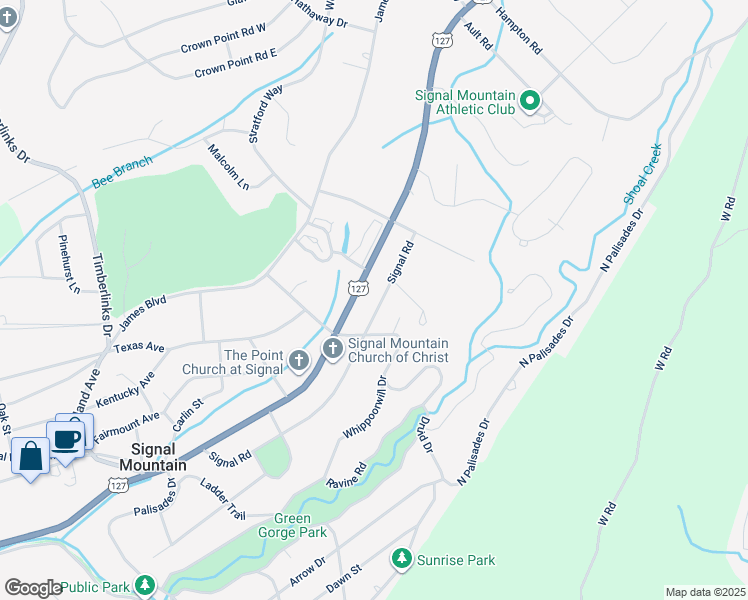 map of restaurants, bars, coffee shops, grocery stores, and more near 1015 Signal Road in Signal Mountain