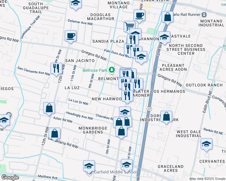 map of restaurants, bars, coffee shops, grocery stores, and more near 4418 6th Street Northwest in Albuquerque